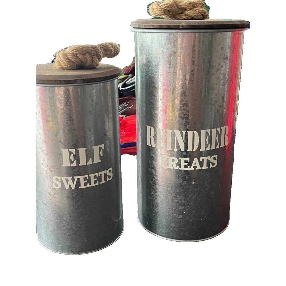 Metal Tin Canisters Farmhouse Country Christmas Festive Holiday Elf Reindeer